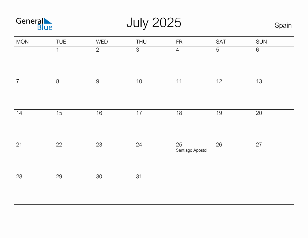 Printable July 2025 Monthly Calendar with Holidays for Spain