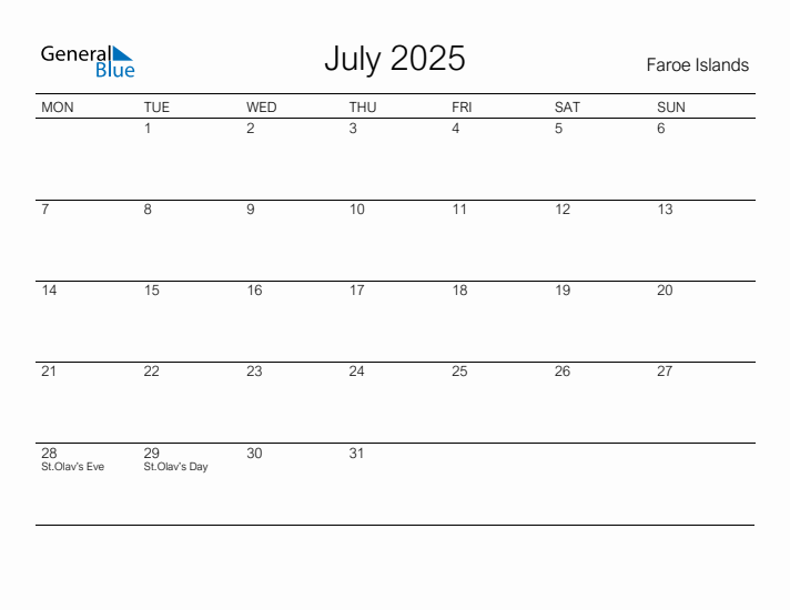 Printable July 2025 Calendar for Faroe Islands