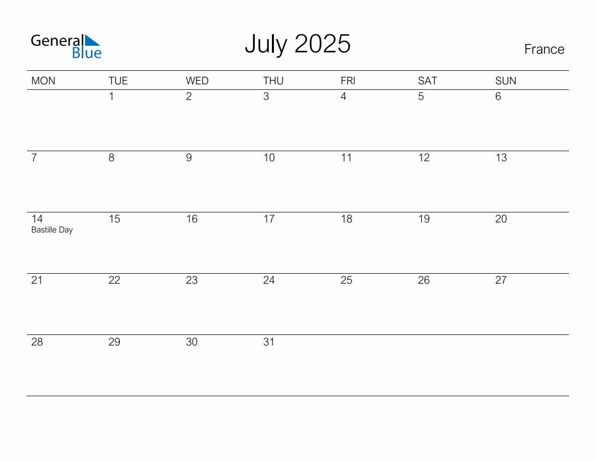 Printable July 2025 Monthly Calendar with Holidays for France