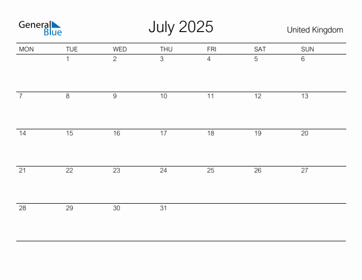 Printable July 2025 Calendar for United Kingdom