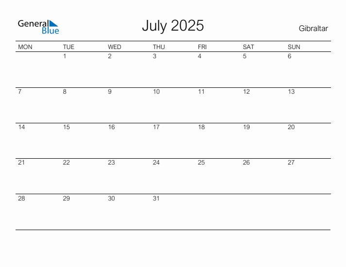 Printable July 2025 Calendar for Gibraltar