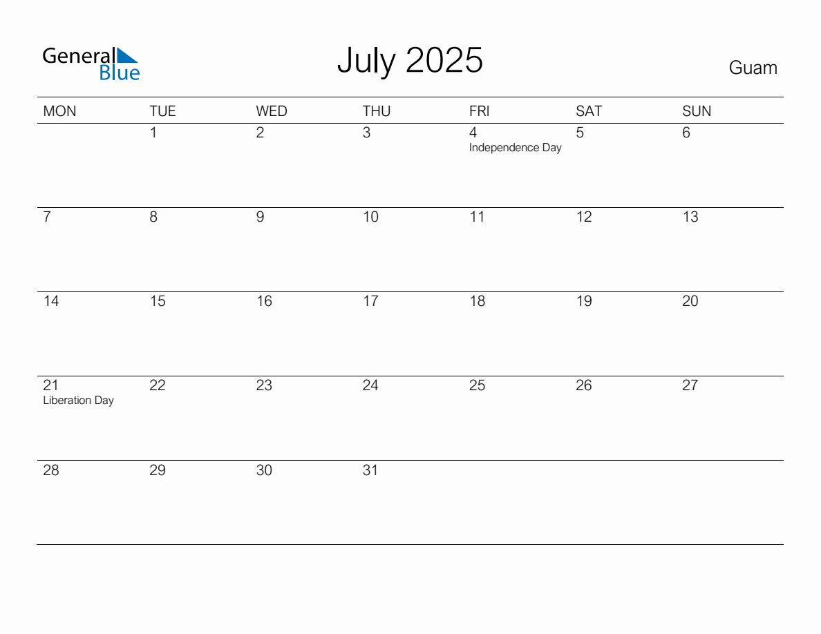 Printable July 2025 Monthly Calendar with Holidays for Guam
