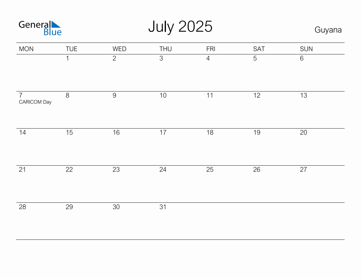 Printable July 2025 Monthly Calendar with Holidays for Guyana
