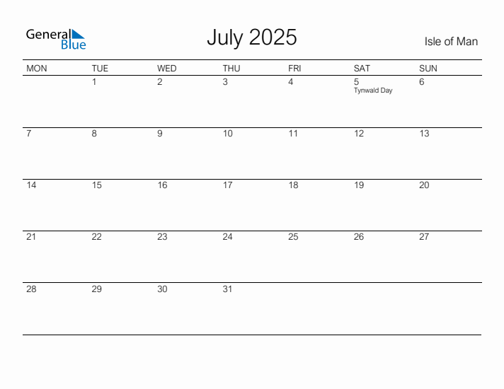 Printable July 2025 Calendar for Isle of Man
