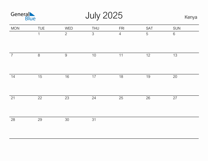 July 2025 Kenya Monthly Calendar with Holidays