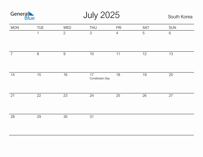 Printable July 2025 Calendar for South Korea