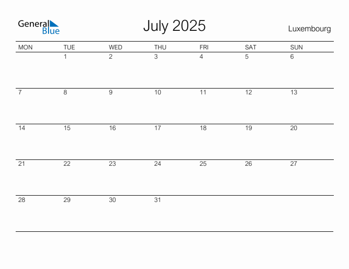 Printable July 2025 Calendar for Luxembourg