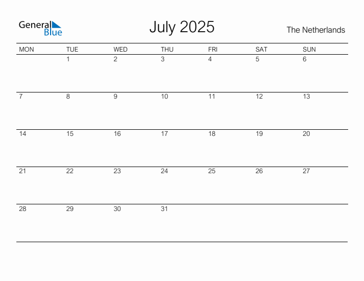 Printable July 2025 Calendar for The Netherlands