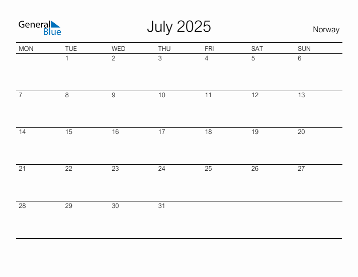July 2025 Norway Monthly Calendar with Holidays