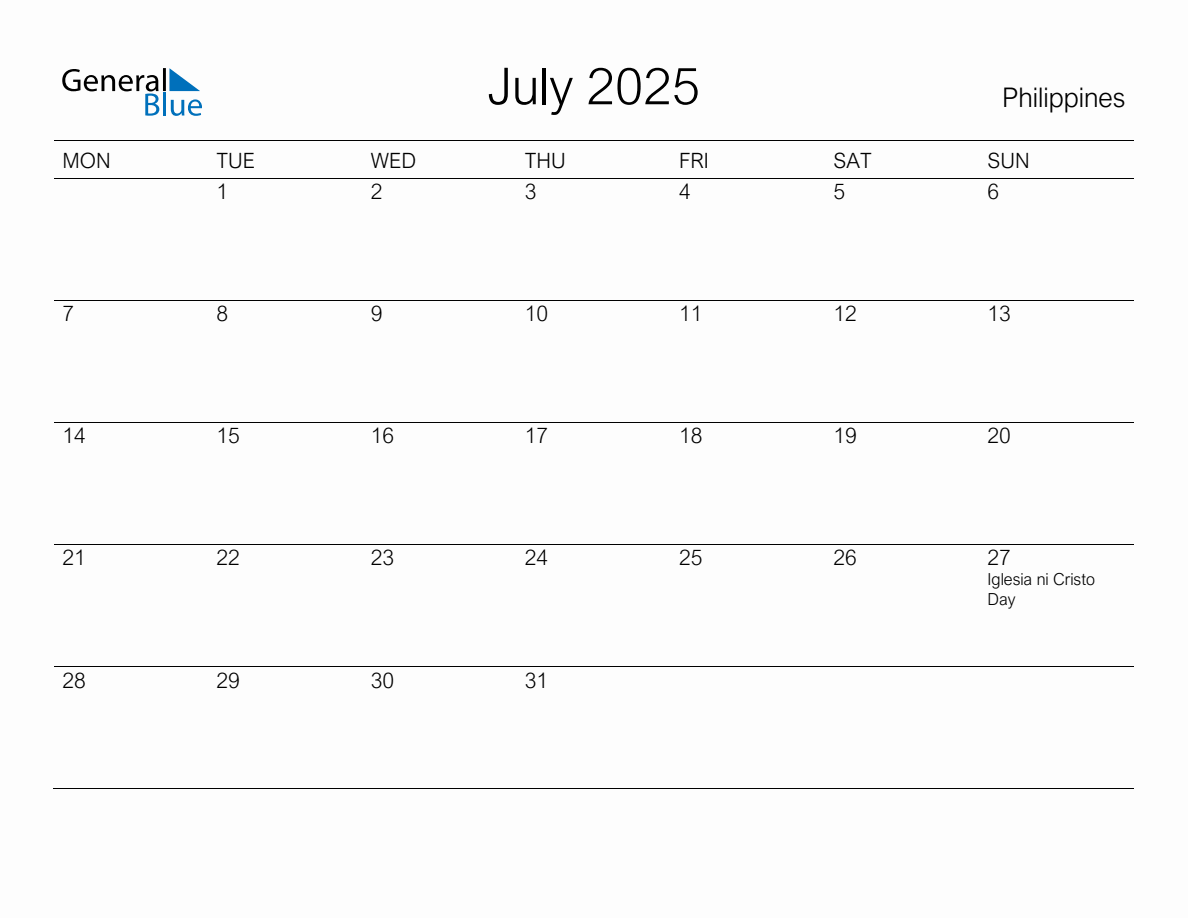 Printable July 2025 Monthly Calendar with Holidays for Philippines