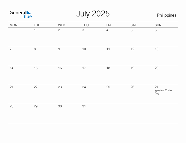 Printable July 2025 Calendar for Philippines