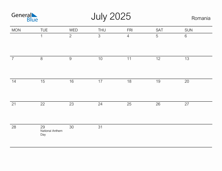 Printable July 2025 Calendar for Romania