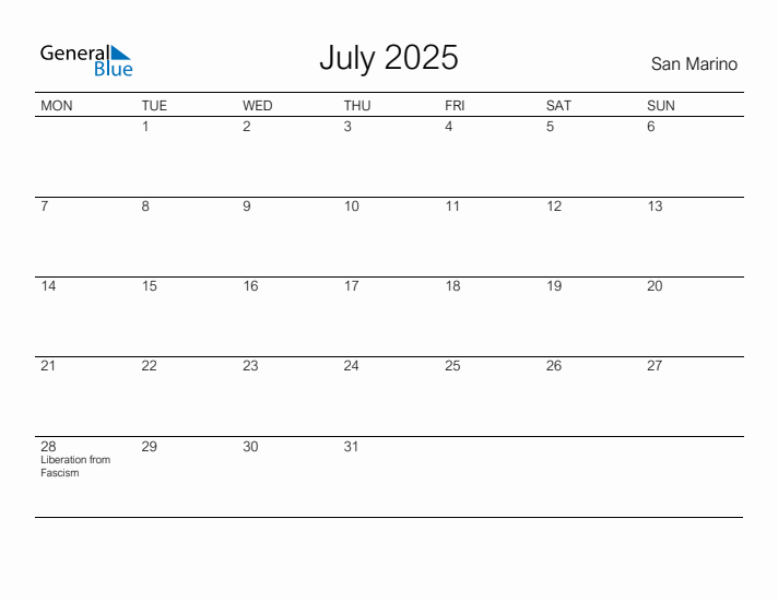 Printable July 2025 Calendar for San Marino