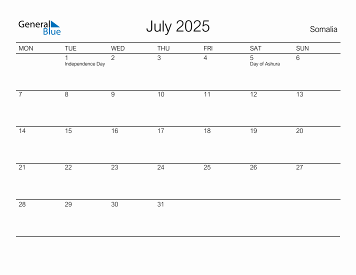 Printable July 2025 Calendar for Somalia