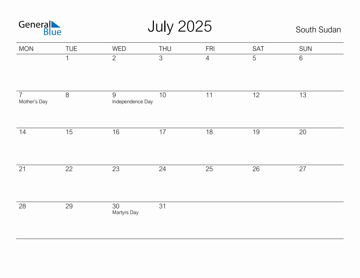 Printable July 2025 Monthly Calendar with Holidays for South Sudan