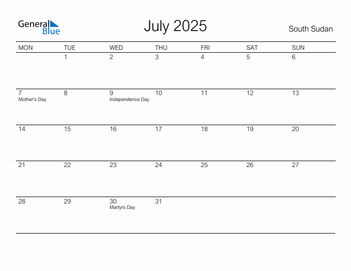 Printable July 2025 Calendar for South Sudan