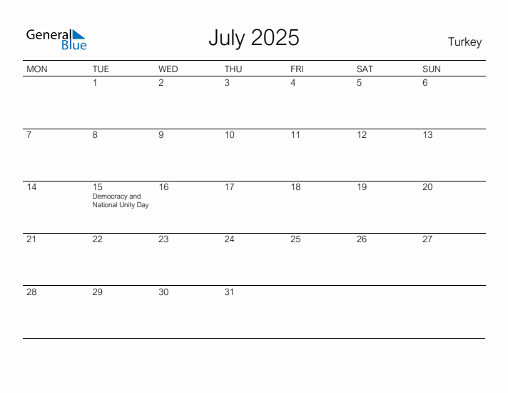 July 2025 Turkey Monthly Calendar with Holidays