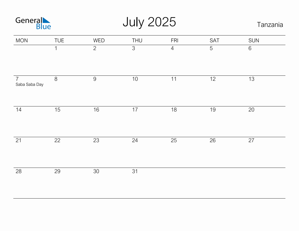 Printable July 2025 Monthly Calendar with Holidays for Tanzania