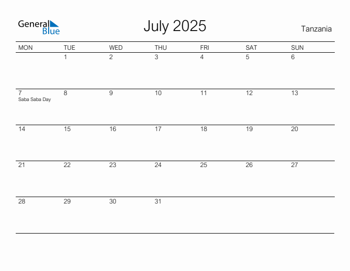 Printable July 2025 Calendar for Tanzania