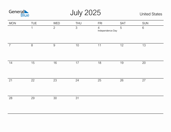 Printable July 2025 Monthly Calendar with Holidays for United States