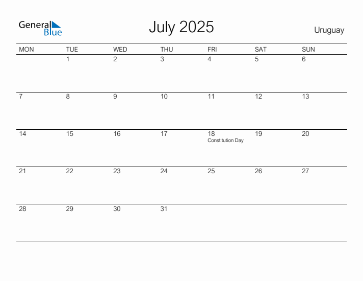 Printable July 2025 Calendar for Uruguay