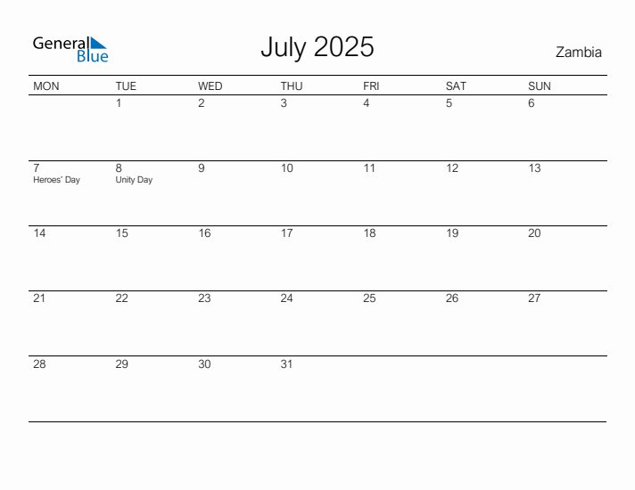 Printable July 2025 Calendar for Zambia