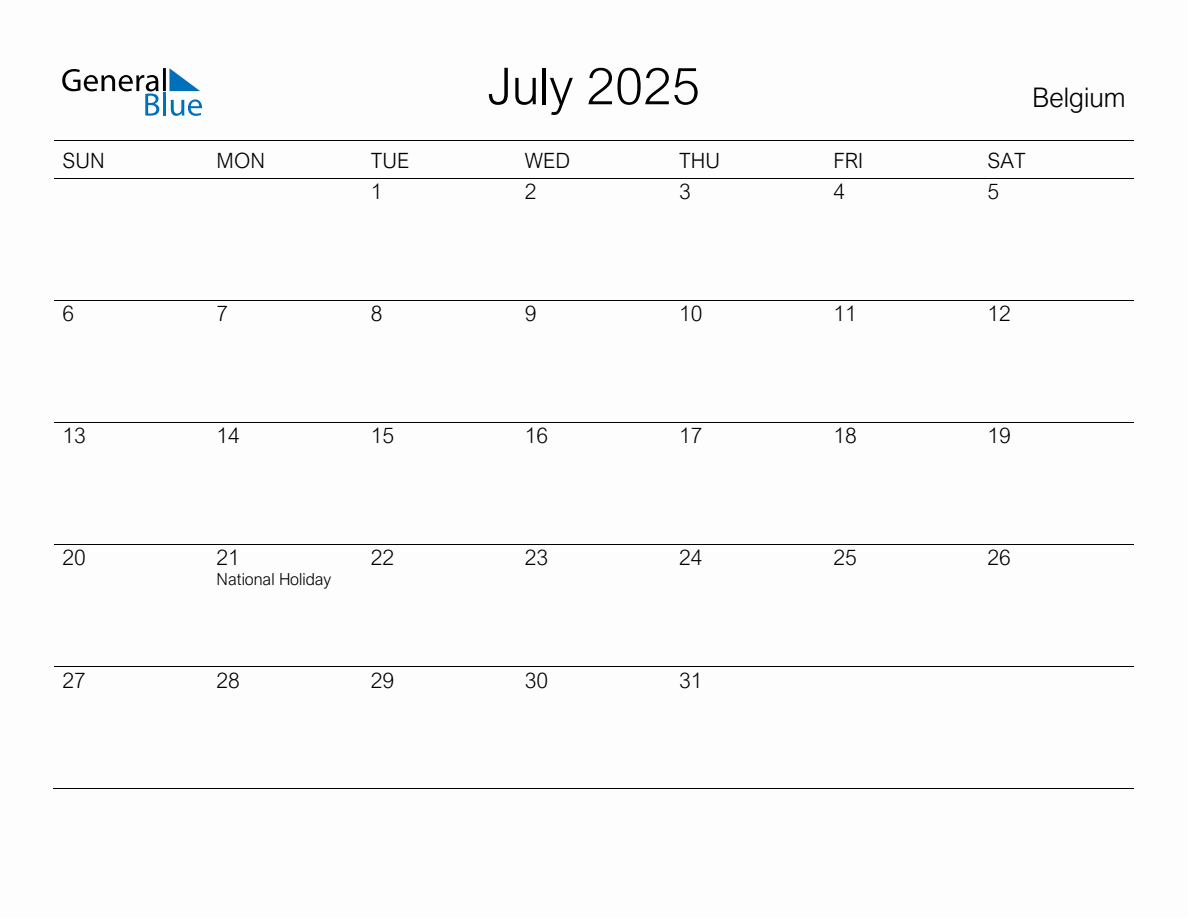 Printable July 2025 Monthly Calendar with Holidays for Belgium