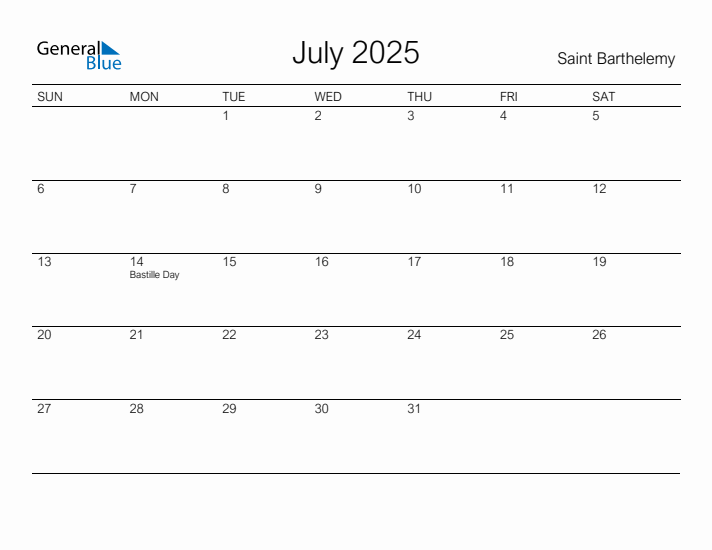 Printable July 2025 Calendar for Saint Barthelemy