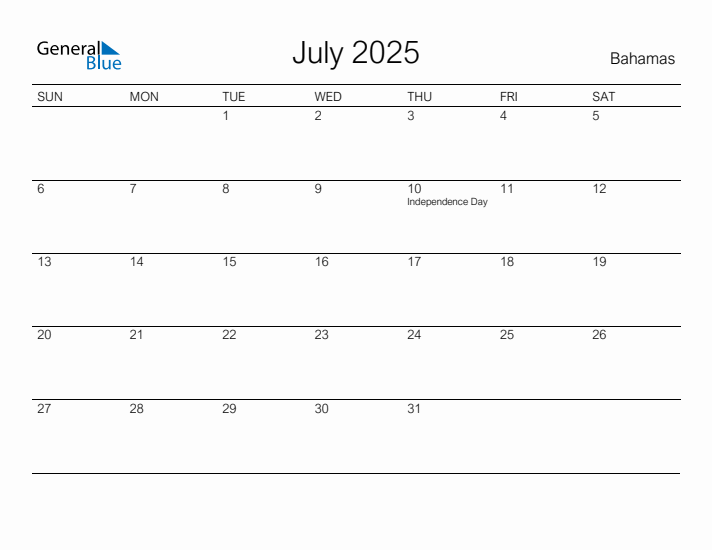 Printable July 2025 Monthly Calendar with Holidays for Bahamas