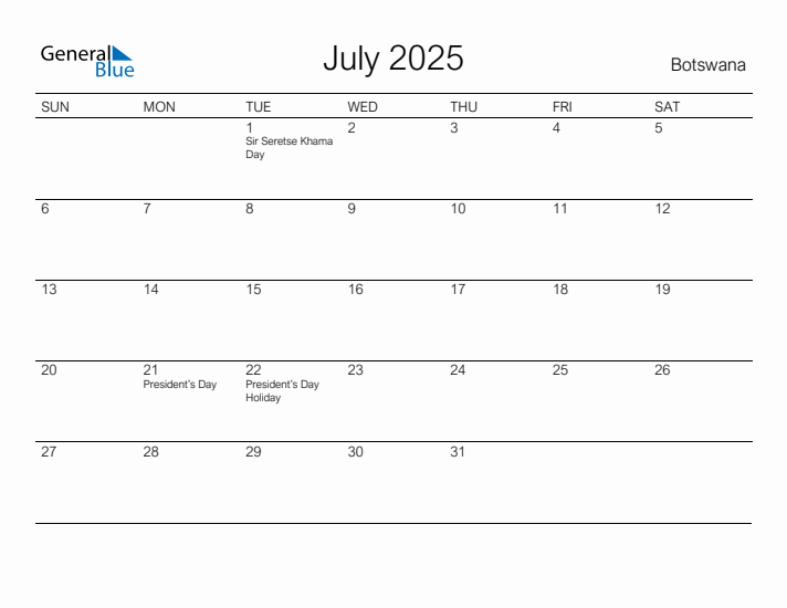 Printable July 2025 Calendar for Botswana