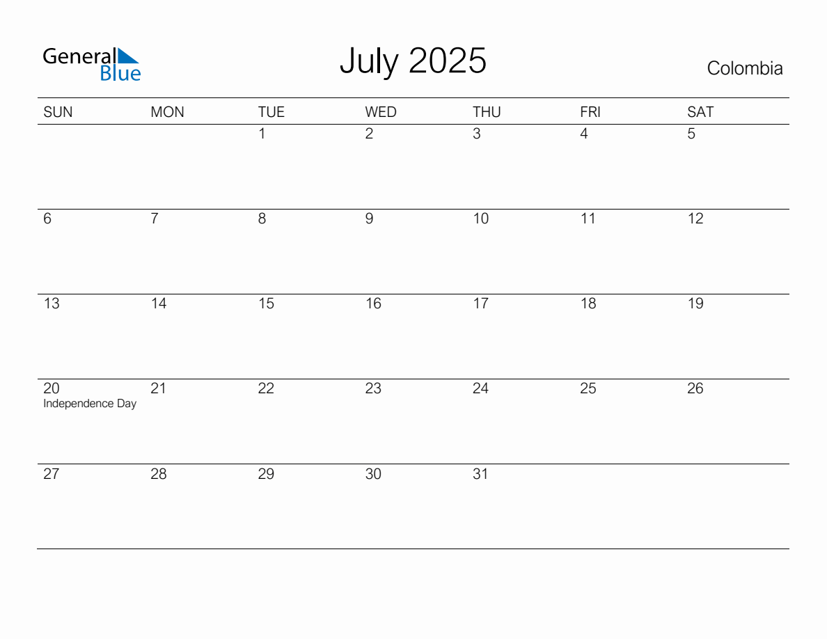 Printable July 2025 Monthly Calendar with Holidays for Colombia