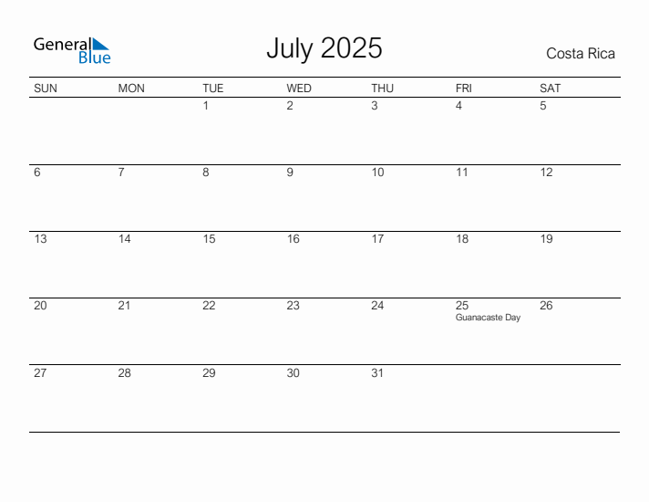 Printable July 2025 Calendar for Costa Rica