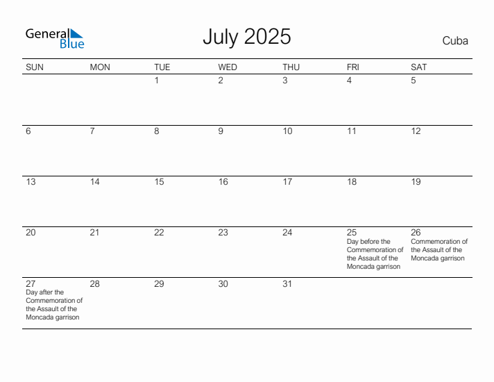 Printable July 2025 Calendar for Cuba