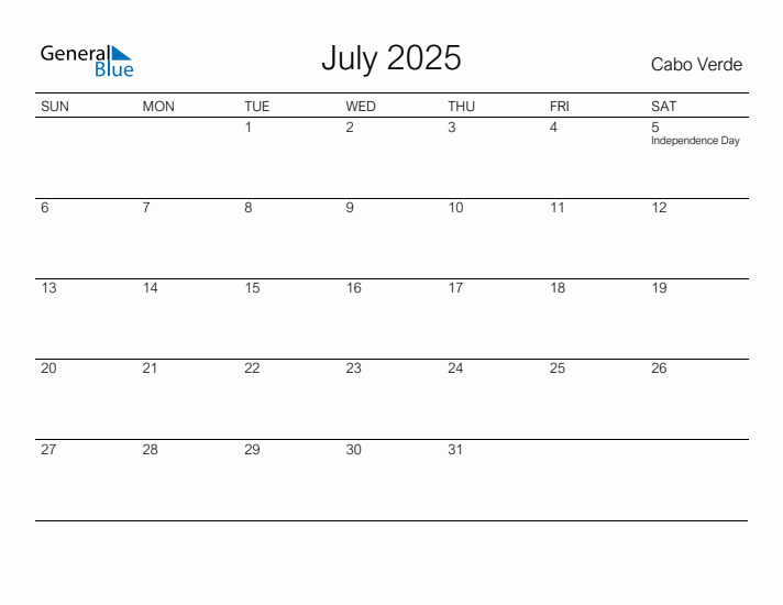 Printable July 2025 Calendar for Cabo Verde