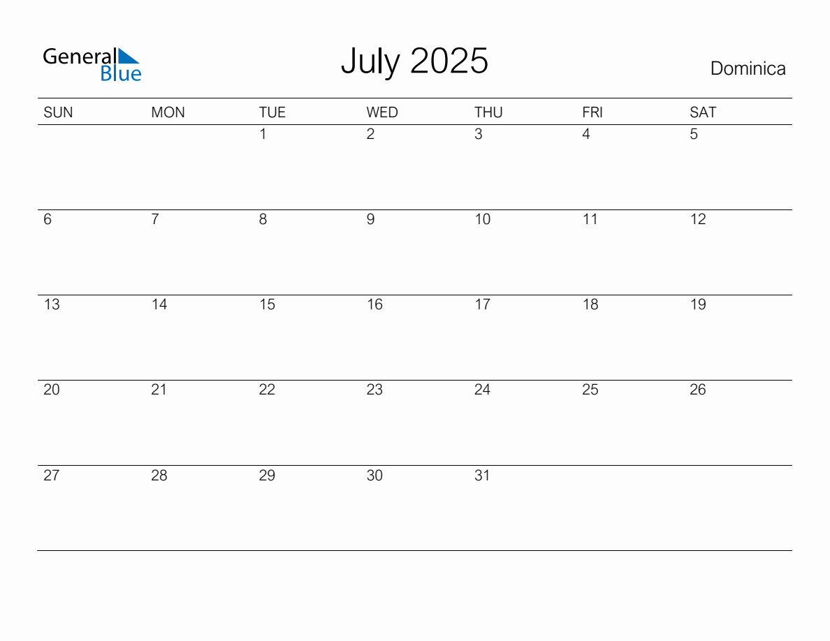 Printable July 2025 Monthly Calendar with Holidays for Dominica