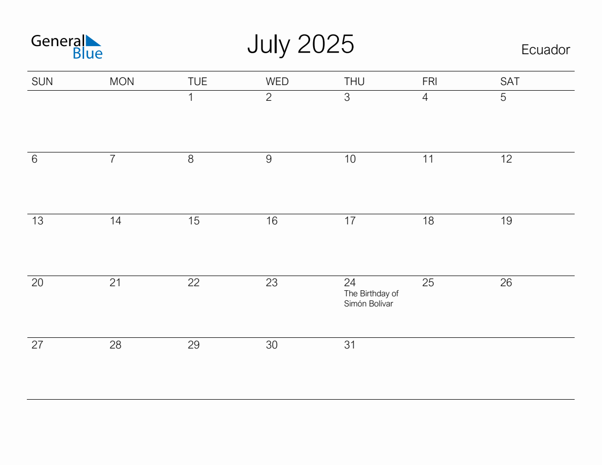 Printable July 2025 Monthly Calendar with Holidays for Ecuador