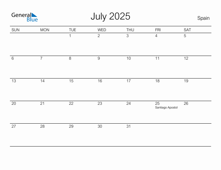 Printable July 2025 Calendar for Spain