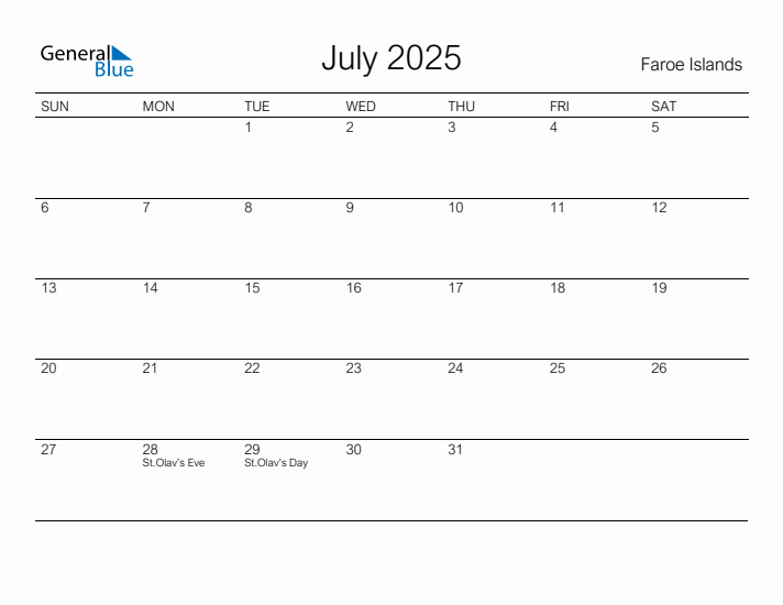 Printable July 2025 Calendar for Faroe Islands