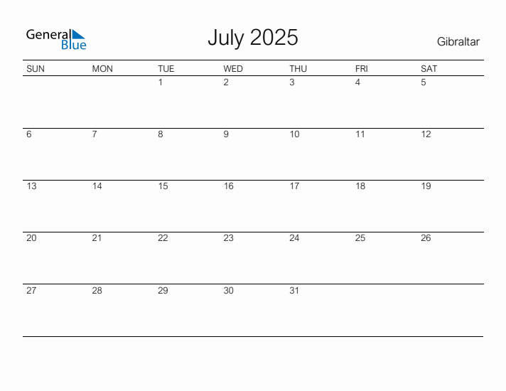 Printable July 2025 Calendar for Gibraltar