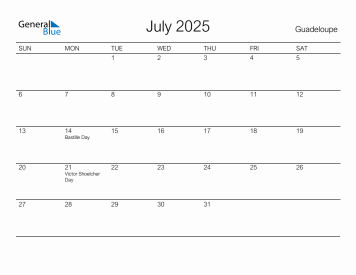 Printable July 2025 Calendar for Guadeloupe