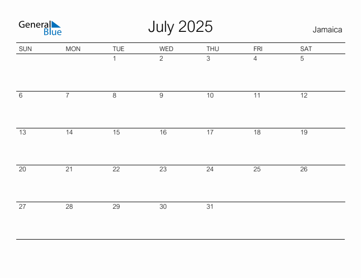 Printable July 2025 Monthly Calendar with Holidays for Jamaica
