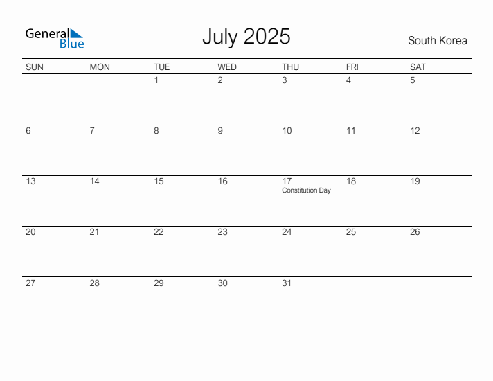 Printable July 2025 Calendar for South Korea