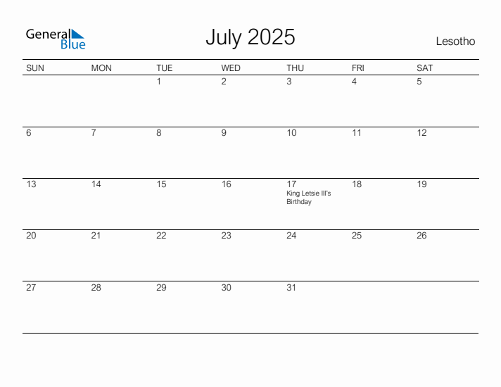 Printable July 2025 Calendar for Lesotho