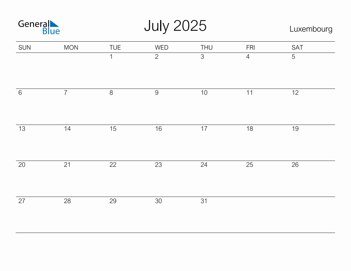 Printable July 2025 Monthly Calendar with Holidays for Luxembourg