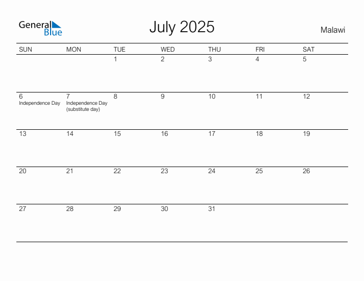 Printable July 2025 Calendar for Malawi