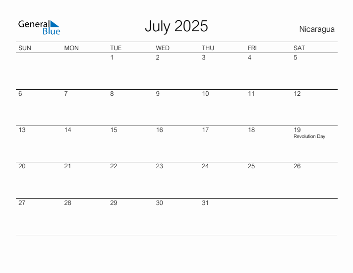 Printable July 2025 Calendar for Nicaragua