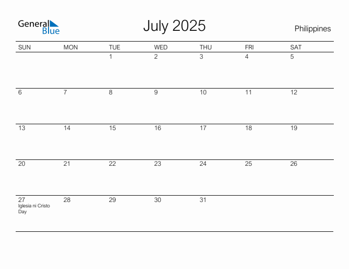 Printable July 2025 Calendar for Philippines