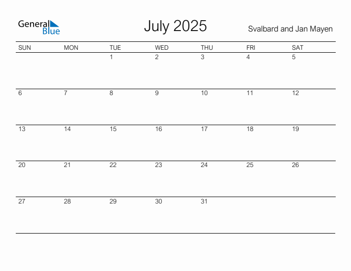 Printable July 2025 Monthly Calendar with Holidays for Svalbard and Jan