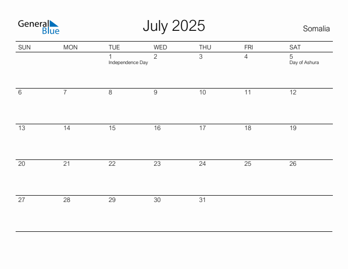 Printable July 2025 Calendar for Somalia