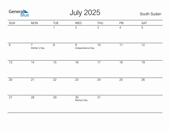 Printable July 2025 Calendar for South Sudan